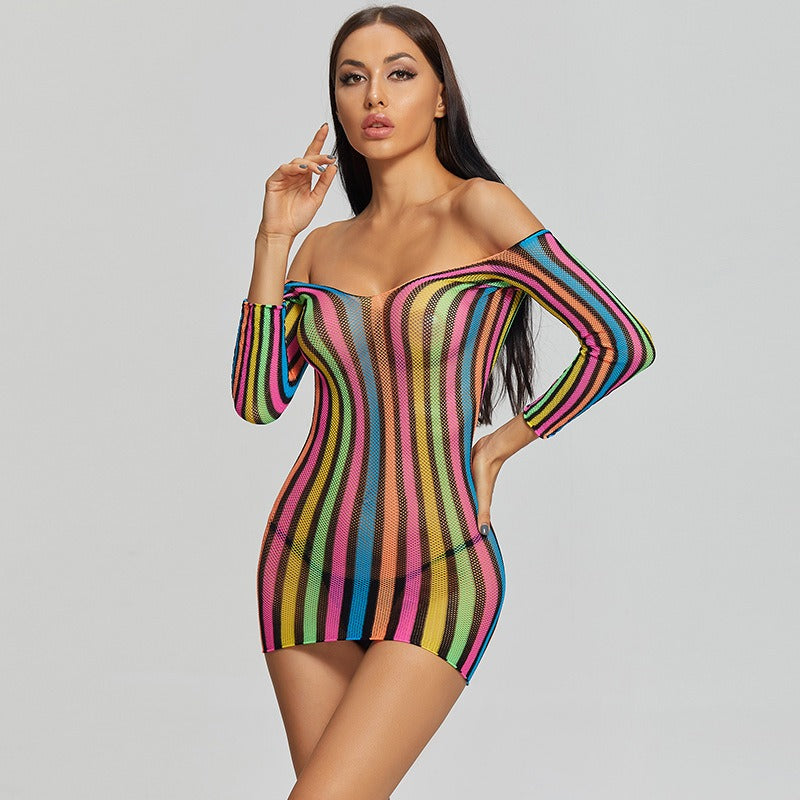 Colorful Long-Sleeved One-Piece Mesh Uniform Temptation Erotic Short Skirt