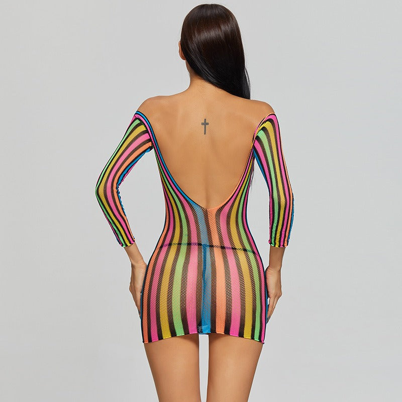 Colorful Long-Sleeved One-Piece Mesh Uniform Temptation Erotic Short Skirt