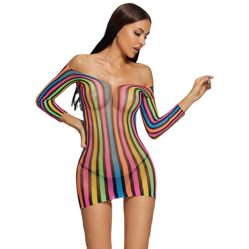 Colorful Long-Sleeved One-Piece Mesh Uniform Temptation Erotic Short Skirt