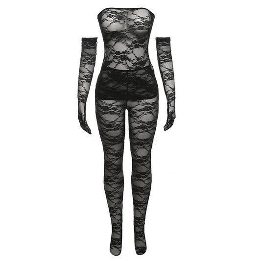 Women's Lace Bra Top High Waist Tight Socks and Pants Set